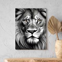 Quadro Decorativo Animais Face de Leão Preto e Branco - 90x60 cm