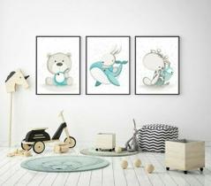 Quadro Decorativo Animais Urso Baleia Girafa Quarto Bebê Menino Kit 3 peças Decoração Mosaico