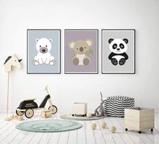 Quadro Decorativo Animais Urso Panda Koala Infantil Quarto Bebê Kit 3 peças Mosaico