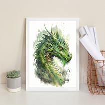 Quadro Decorativo Aquarela Dragão Verde 33x24cm - com vidro