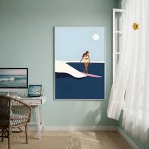 Quadro Decorativo Arte De Uma Mulher Surfando-70x50cm Cor:Moldura Branca