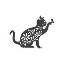 Quadro Decorativo Arte Gato Florido 30Cm Mdf Preto 3Mm