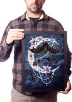 Quadro Decorativo Arte Lua Mística Morcego Cruz Flores