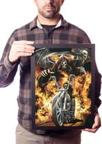 Quadro Decorativo Arte Motociclista Skull Chamas Moto Clube