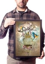 Quadro Decorativo Arte Pássaros Gaiola Chave & Liberdade Quadro Decorativo Arte Pássaros Gaiola Chave & Liberdade