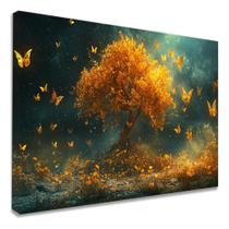 Quadro Decorativo Árvore Com Borboletas Douradas Tecido Canvas