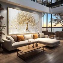 Quadro Decorativo Arvore da Vida Com Folhas Douradas e Fundo Branco Moldura