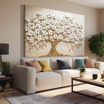 Quadro decorativo árvore da vida flores brancas