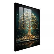 Quadro Decorativo Arvore Da Vida Tons Dourados Verde Musgo Abstrato Sala Moderno