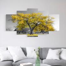 Quadro Decorativo Árvore Ipê Amarela Sala Escritório Quarto 120x60 5 Peças Mosaico