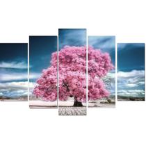 Quadro Decorativo Arvore Rosa Com Céu ul 5 Peças