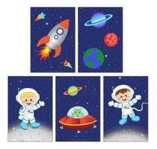 Quadro Decorativo Astronauta Foguete Espacial Infantil Quarto Menino Kit 5 peças Quadro Decorativo Astronauta Foguete Espacial Infantil Quarto Menino Kit 5 peças