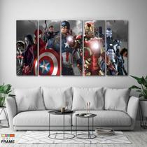 Quadro Decorativo Avengers Prata 5 peças 140x65 Quadro Decorativo Avengers Prata 5 peças 140x65