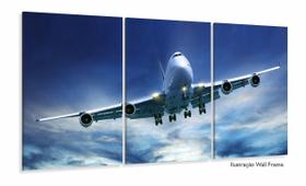 Quadro Decorativo Avião Aviação Céu Em Tecido 3 Peças 120x60