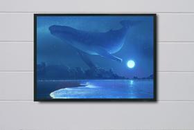 Quadro Decorativo Baleia que nada no Céu Noturno Fantasia com Moldura E Acetato Tamanho A3