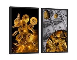 Quadro Decorativo Bitcoin Dólar Americano Ouro Sala 40x60cm