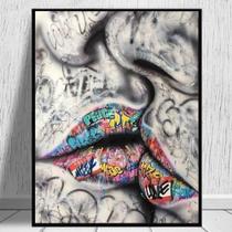 Quadro decorativo boca beijo casal colorido grafite para sala de estar