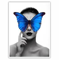 Quadro Decorativo Borboleta Azul no Rosto 90x60 Sala Quarto