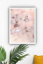 Quadro Decorativo Borboleta Flores Bege - 70X50Cm