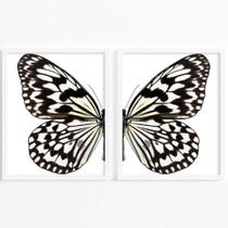 Quadro Decorativo Borboleta Preta Branca Asas Sala Quarto Kit 2 peças 40x60cm