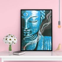 Quadro Decorativo Buda Azul 24X18Cm C/Vidro Madeira Branca