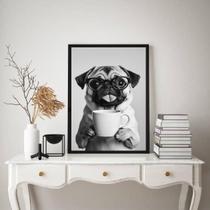 Quadro Decorativo Cachorrinho Pug Bebendo Café 33X24Cm