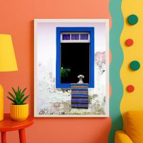 Quadro Decorativo Cachorro Na Janela Azul 33x24cm Quadro Decorativo Cachorro Na Janela Azul 33x24cm