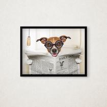 Quadro Decorativo Cachorro Usando Óculos Jornal Banheiro Sala Quarto Escritório