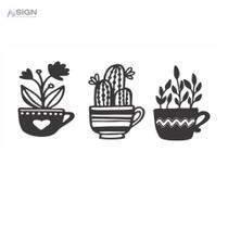 Quadro Decorativo Cactos Xícaras MDF Preto Quadro Decorativo Cactos Xícaras MDF Preto