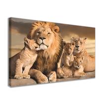 Quadro decorativo canvas familia leão com 3 filhotes para quarto sala realista premium