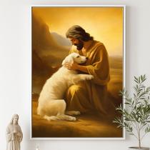 Quadro Decorativo Canvas Jesus Com Cachorro Mold.Branca Tam:60x40cm
