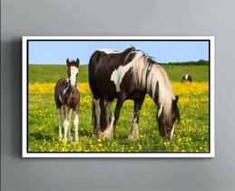 Quadro Decorativo Canvas Moldura Filete Animais Cavalo Campo Pasto Verde