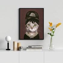 Quadro Decorativo Cat Audrey 33x24cm - Vidro, Moldura Branca