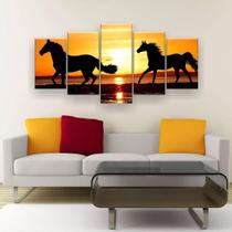 Quadro Decorativo Cavalos Ao Pôr Do Sol 129x61 Sala Quarto