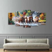 Quadro Decorativo Cavalos Artístico Paisagem Mosaico 5 Peças