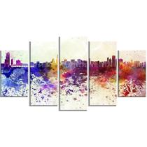 Quadro Decorativo Cidade Aquarela 5 Peças 115x60cm