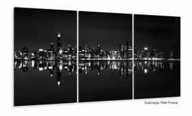 Quadro Decorativo Cidade Branco Preto 120x60 3 peças Sala Quarto