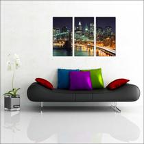 Quadro Decorativo Cidade Ponte New York Quartos e Salas Decorações 3 peças Com Moldura