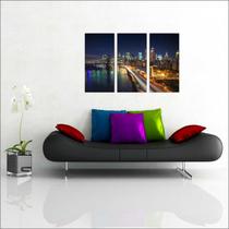 Quadro Decorativo Cidade Ponte New York Quartos e Salas Decorações 3 peças Com Moldura