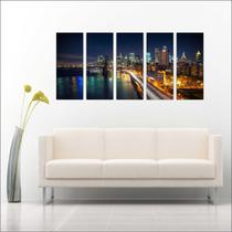 Quadro Decorativo Cidades Nova Iorque Ponte Prédios Mosaico 5 Peças GG9