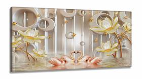 Quadro Decorativo Cisnes Rosa Flores Douradas Estilo 3d em Tecido canvas 130x60 Quadro Decorativo Cisnes Rosa Flores Douradas Estilo 3d em Tecido canvas 130x60