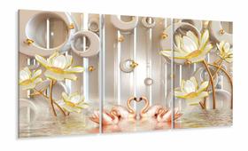 Quadro Decorativo Cisnes Rosa Flores Douradas Estilo 3d