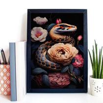 Quadro Decorativo Cobra Com Flores 33X24Cm - Com Vidro