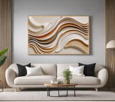 Quadro Decorativo com Moldura Abstrato Moderno Tons Bege para Sala de Estar, Quarto e Escritório, Hall Horizontal