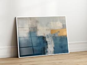 Quadro Decorativo com Moldura Acrilico Cristal Luxo Vidro Abstrato Azul Dourado para Sala de Estar, Quarto e Escritório, Hall Horizontal