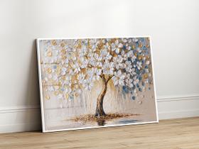 Quadro Decorativo com Moldura Acrilico Cristal Luxo Vidro Árvore Flores Brancas para Sala de Estar, Quarto e Escritório, Hall Horizontal