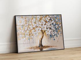 Quadro Decorativo com Moldura Acrilico Cristal Luxo Vidro Árvore Flores Brancas para Sala de Estar, Quarto e Escritório, Hall Horizontal Quadro Decorativo com Moldura Acrilico Cristal Luxo Vidro Árvore Flores Brancas para Sala de Estar, Quarto e Escritório, Hall Horizontal