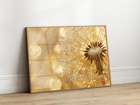 Quadro Decorativo com Moldura Acrilico Cristal Luxo Vidro Dente de Leao Dourado para Sala de Estar, Quarto e Escritório, Hall Horizontal