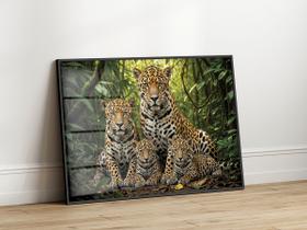Quadro Decorativo com Moldura Acrilico Cristal Luxo Vidro Familia Onca 2 Filhotes para Sala de Estar, Quarto e Escritório, Hall Horizontal Quadro Decorativo com Moldura Acrilico Cristal Luxo Vidro Familia Onca 2 Filhotes para Sala de Estar, Quarto e Escritório, Hall Horizontal