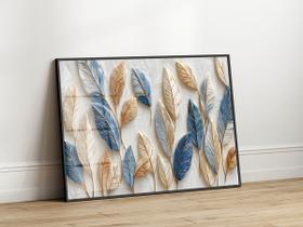 Quadro Decorativo com Moldura Acrilico Cristal Luxo Vidro Folhas Dourada Azul para Sala de Estar, Quarto e Escritório, Hall Horizontal